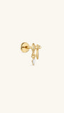 14K solid gold battle axe drop flat back labret stud, dangling marquise CZ axe cartilage piercing earring, side front view on cream neutral background