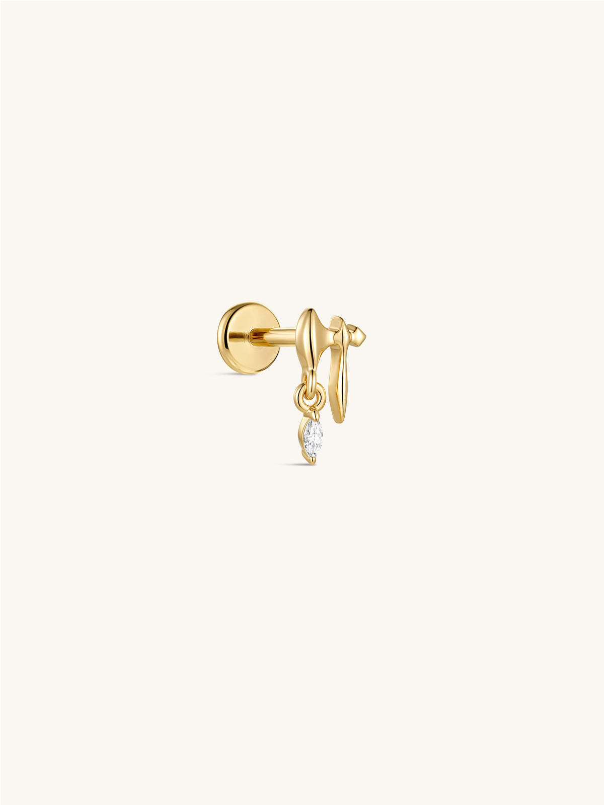 14K solid gold battle axe drop flat back labret stud, dangling marquise CZ axe cartilage piercing earring, side front view on cream neutral background