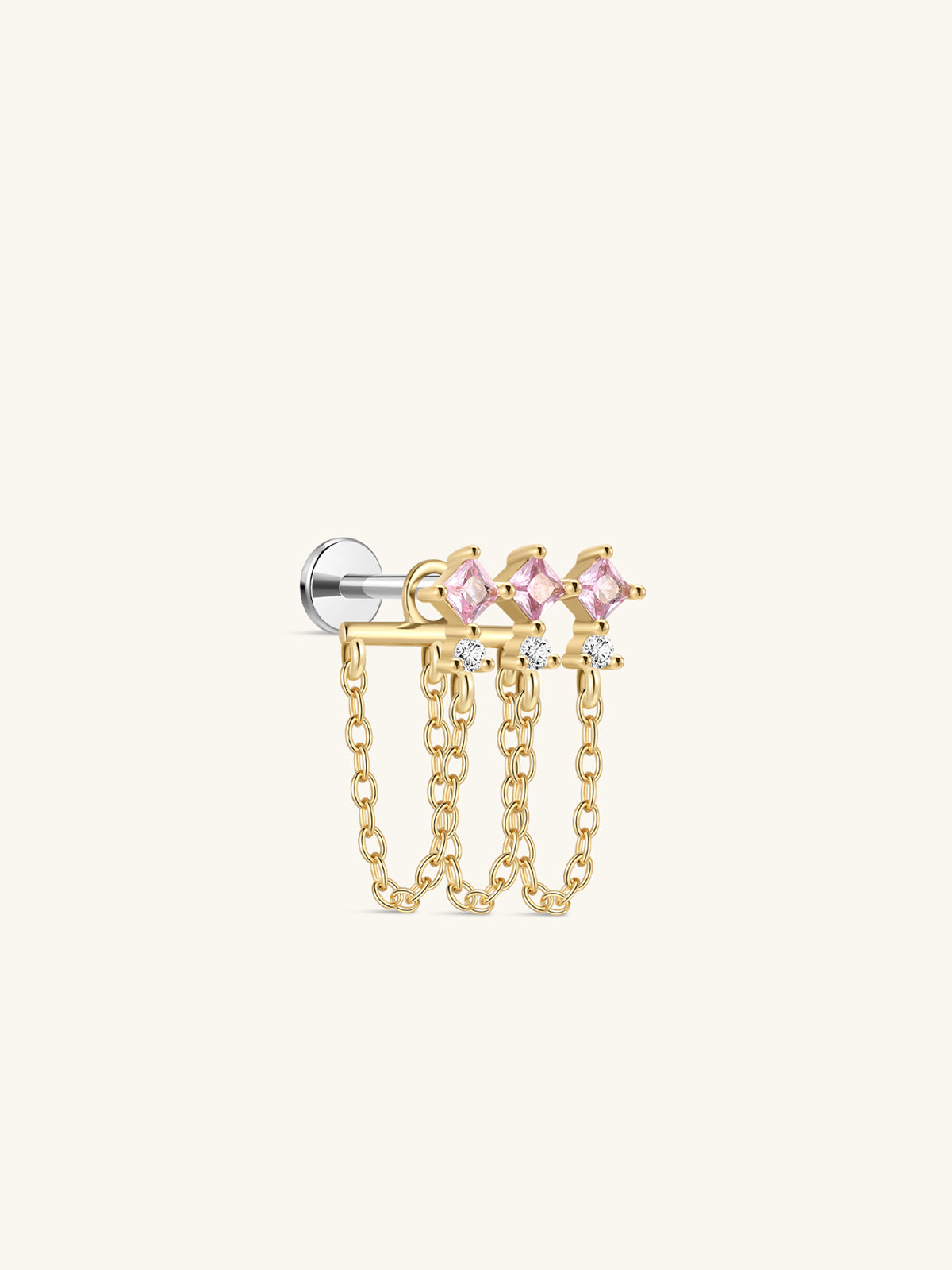 KOSINER Pink Ritual 925 sterling silver triple-chain pendant flat back stud, gold bar inlaid with three square pink gemstones and clear round crystals, matched with three delicate dangling gold chains, hypoallergenic internally threaded cartilage piercing earring
