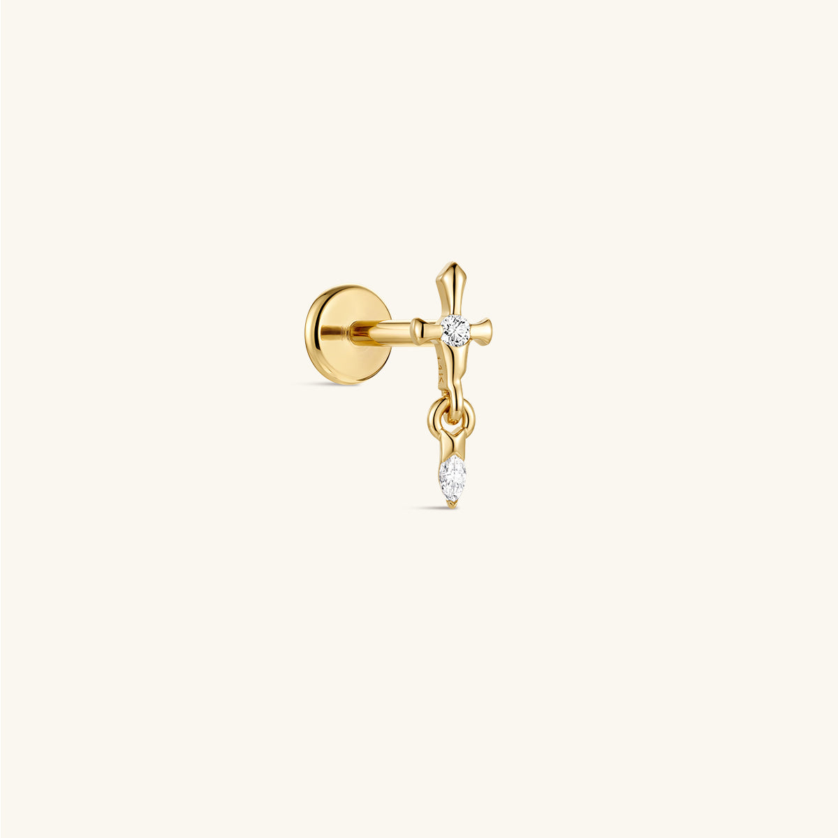 14K solid gold broken sword drop flat back labret stud, dangling marquise CZ sword cartilage piercing earring, front view on cream neutral background
