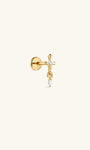 14K solid gold broken sword drop flat back labret stud, dangling marquise CZ sword cartilage piercing earring, front view on cream neutral background