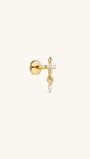 14K solid gold broken sword drop flat back labret stud, dangling marquise CZ sword cartilage piercing earring, front view on cream neutral background