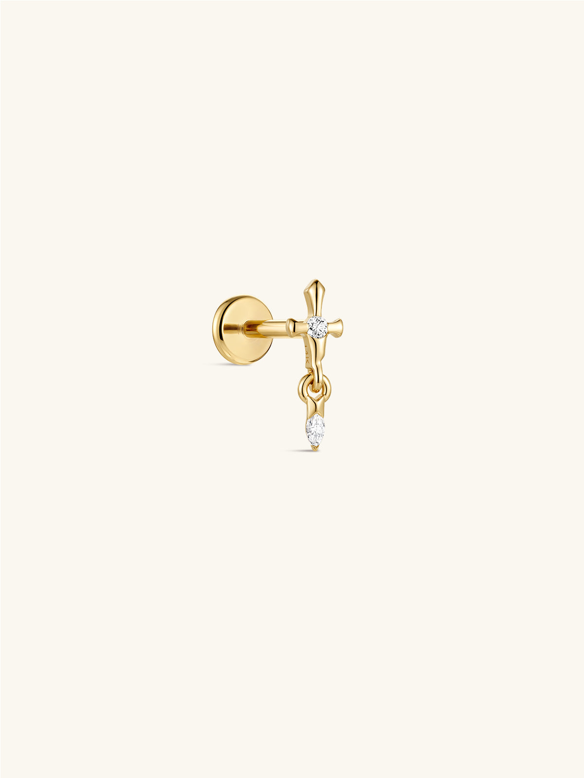 14K solid gold broken sword drop flat back labret stud, dangling marquise CZ sword cartilage piercing earring, front view on cream neutral background