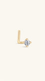 Single KOSINER 14K solid gold L-shape nose stud, four-prong set round clear sparkling stone, 14K stamp marked on bent post, isolated on plain off-white background