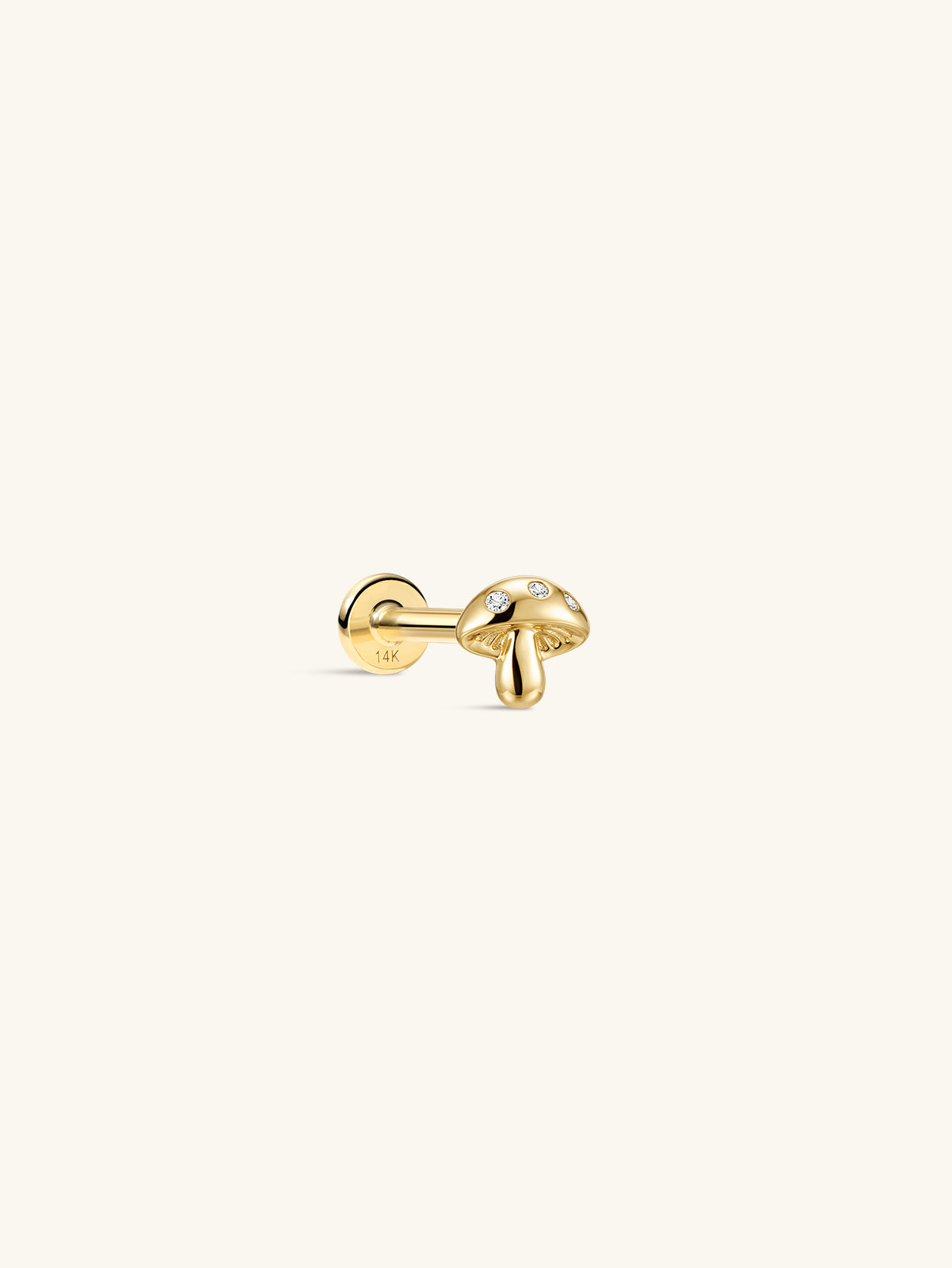 KOSINER Little Wonder 14K solid gold mushroom flat back stud with three clear stones and a polished stem