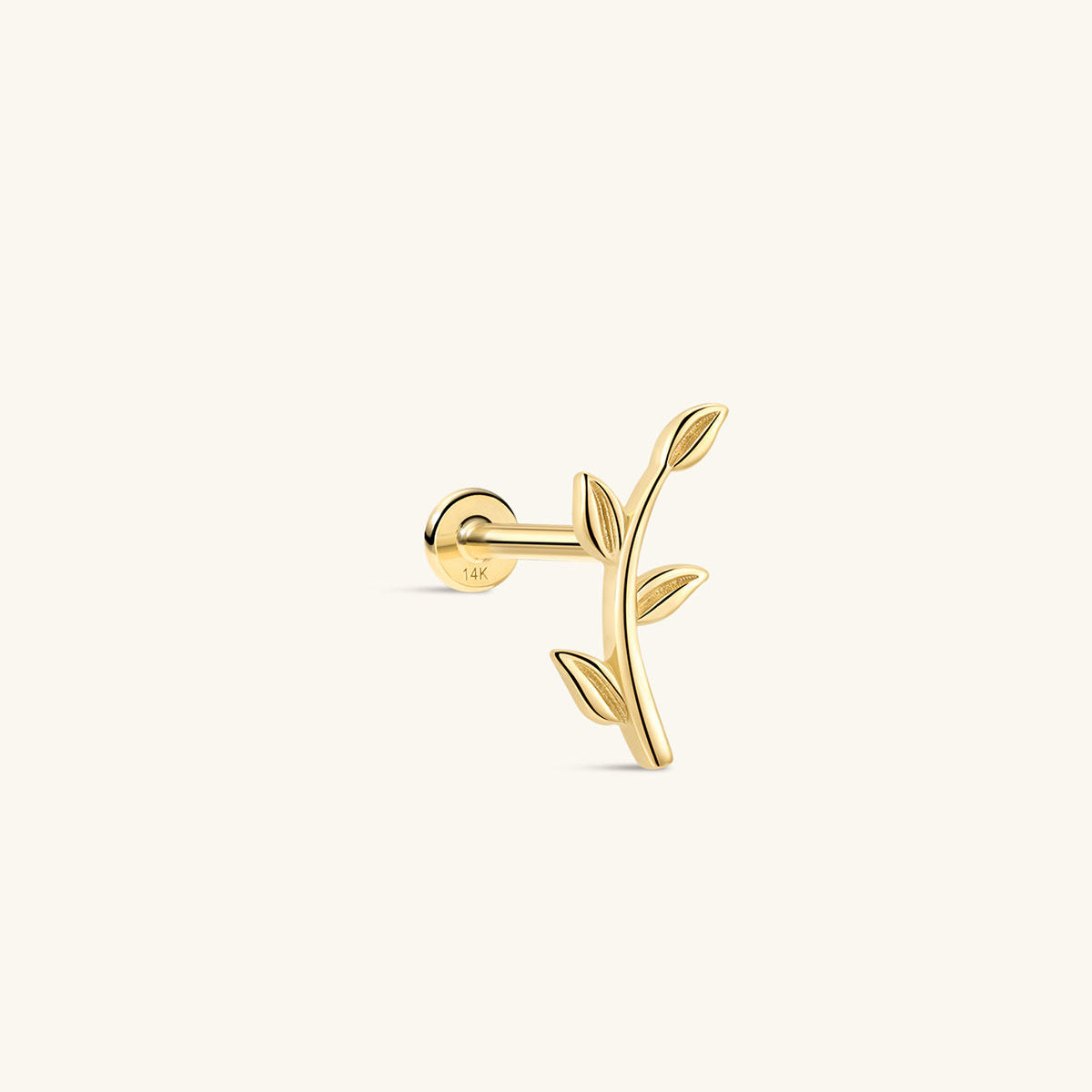 KOSINER 14K Solid Gold Minimal Leaf Branch Flat Back Piercing Stud, Nickel-Free Waterproof Dainty Nature Inspired Cartilage Earring for Multi Piercing