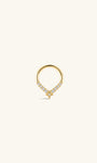 KOSINER Starlight four-point star teardrop daith clicker hoop on plain white background, smooth 14K gold teardrop silhouette, row of round pavé CZ gemstones, dangling four-point star accent with center crystal, secure hinged clicker construction for easy daith insertion