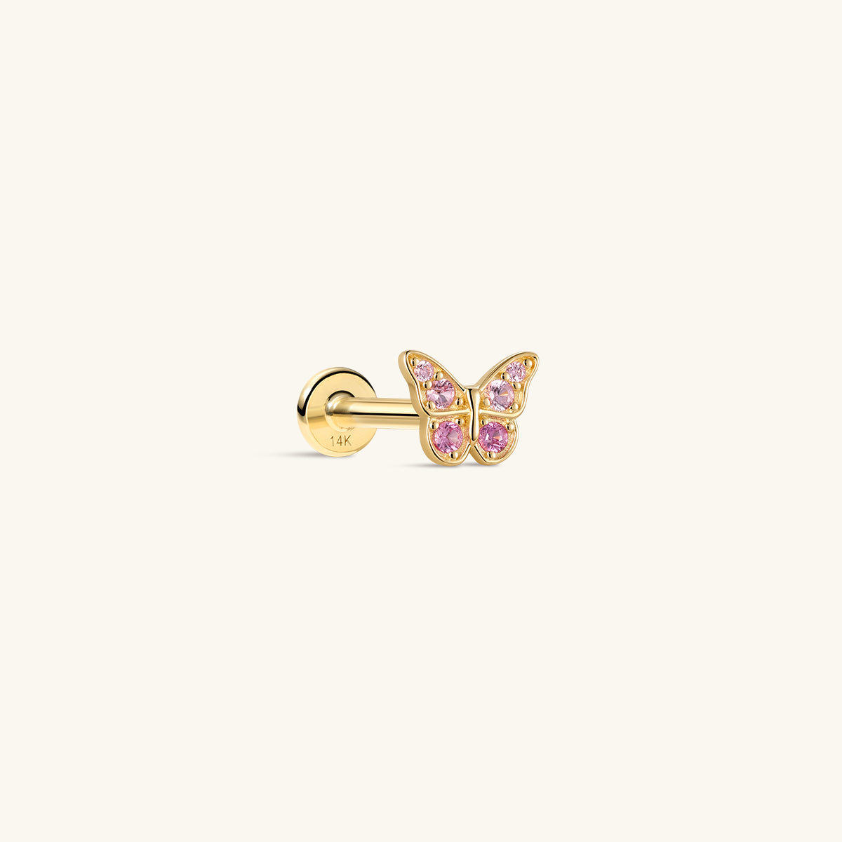 KOSINER Little Wonder 14K solid gold butterfly flat back stud with pink stones
