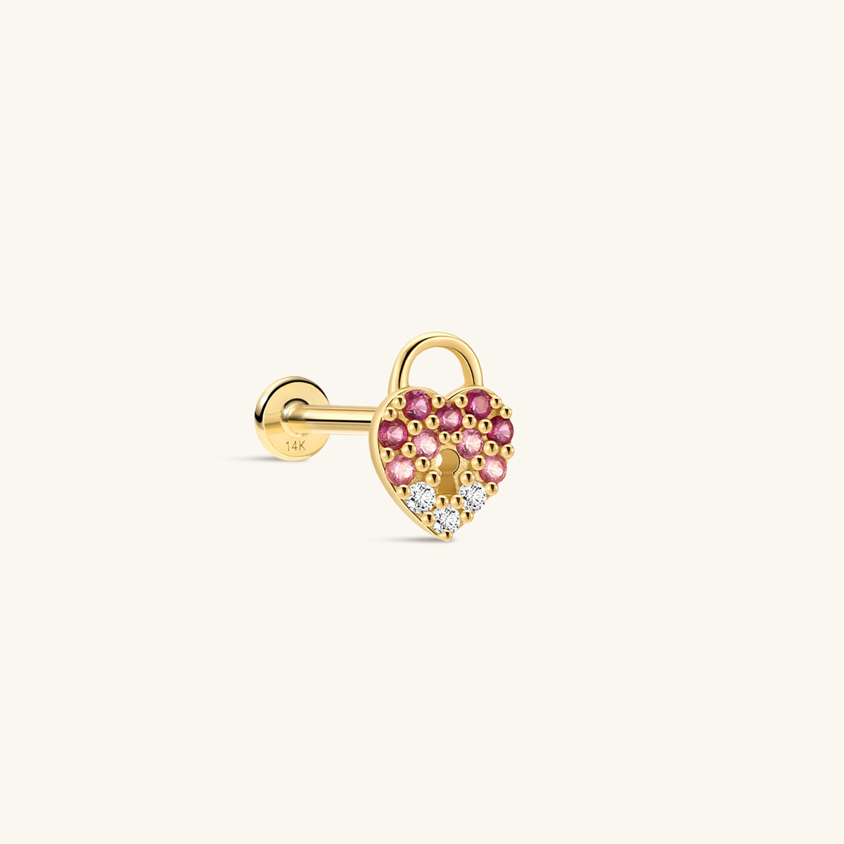 KOSINER Pink Ritual 14K solid gold heart lock flat back stud, classic heart lock silhouette adorned with gradient pink gemstones and clear white crystal accents, hypoallergenic internally threaded cartilage piercing earring