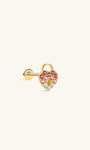 KOSINER Pink Ritual 14K solid gold heart lock flat back stud, classic heart lock silhouette adorned with gradient pink gemstones and clear white crystal accents, hypoallergenic internally threaded cartilage piercing earring