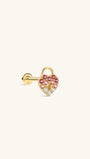 KOSINER Pink Ritual 14K solid gold heart lock flat back stud, classic heart lock silhouette adorned with gradient pink gemstones and clear white crystal accents, hypoallergenic internally threaded cartilage piercing earring