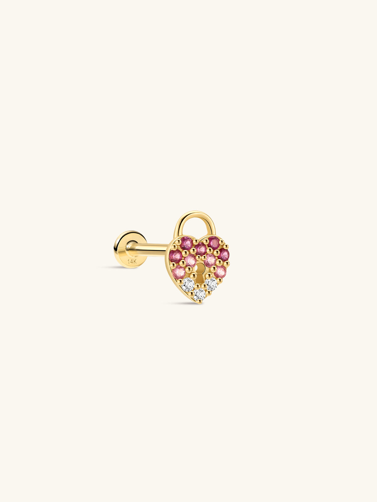 KOSINER Pink Ritual 14K solid gold heart lock flat back stud, classic heart lock silhouette adorned with gradient pink gemstones and clear white crystal accents, hypoallergenic internally threaded cartilage piercing earring
