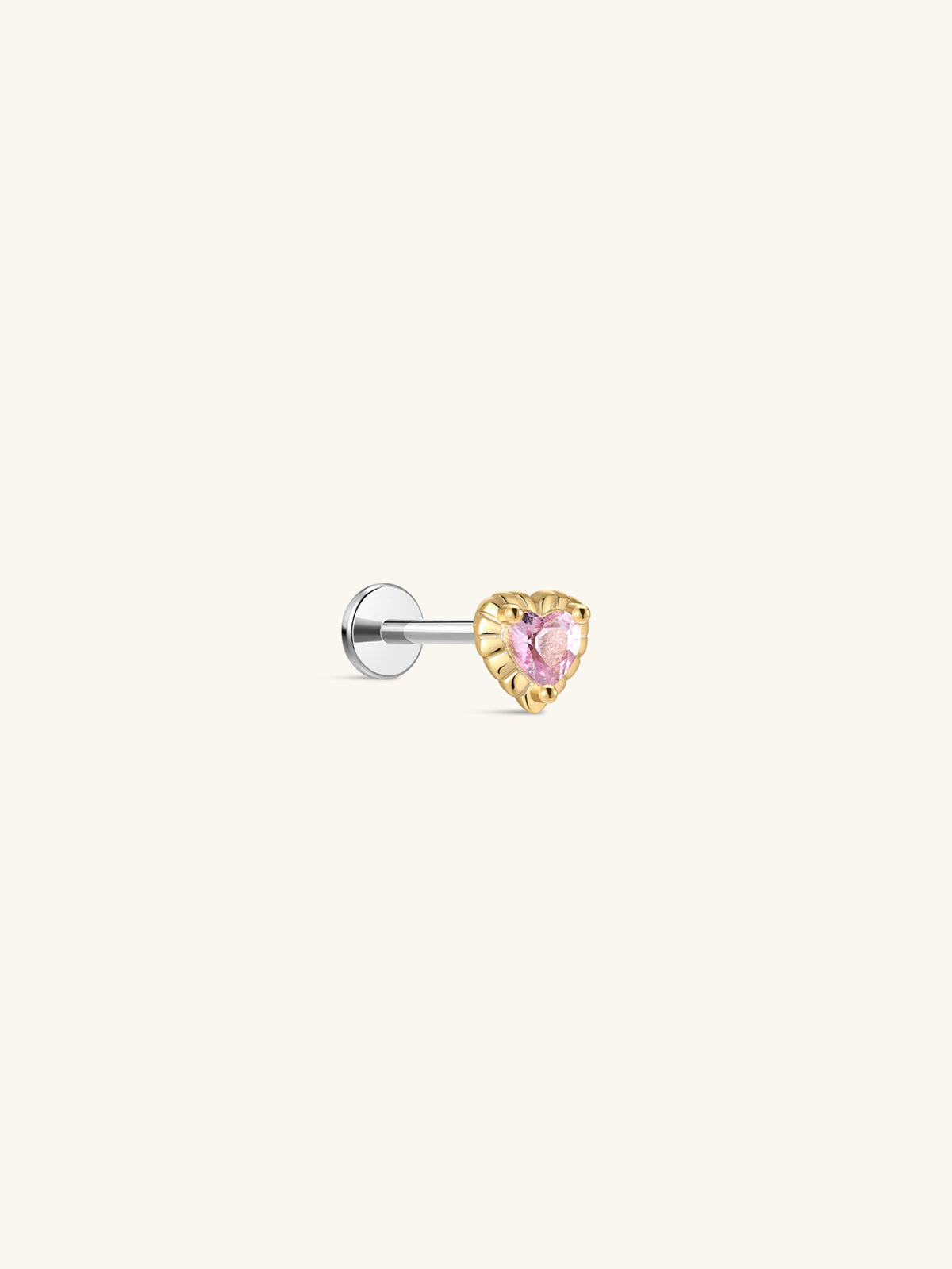 KOSINER Pink Ritual 925 sterling silver romantic heart flat back stud, textured gold heart bezel set with vivid pink heart-shaped gemstone, internally threaded hypoallergenic piercing earring