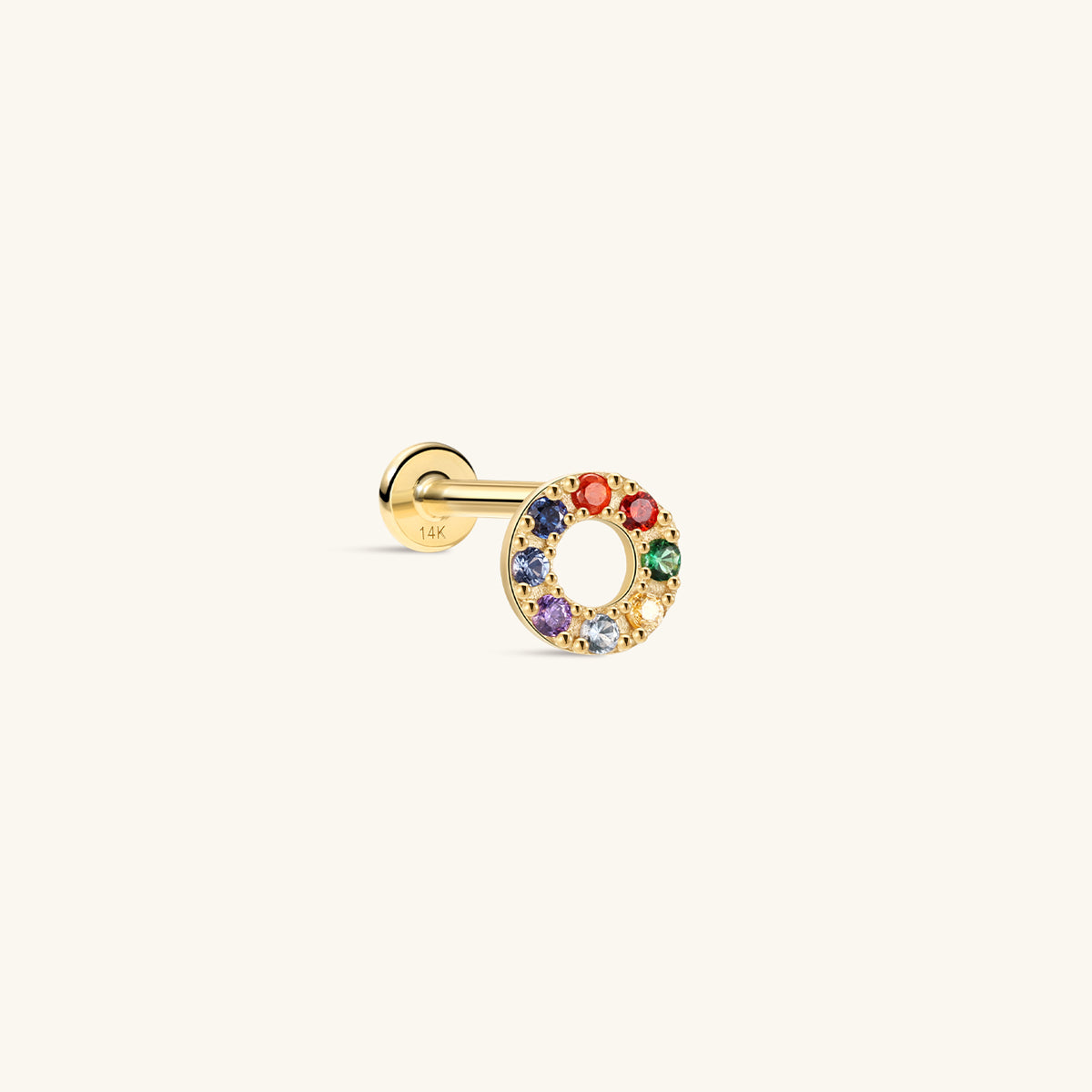 KOSINER colorful hollow openwork halo 14K solid gold flat back stud, full rainbow round cz setting internal threaded piercing earring with 14k stamped post