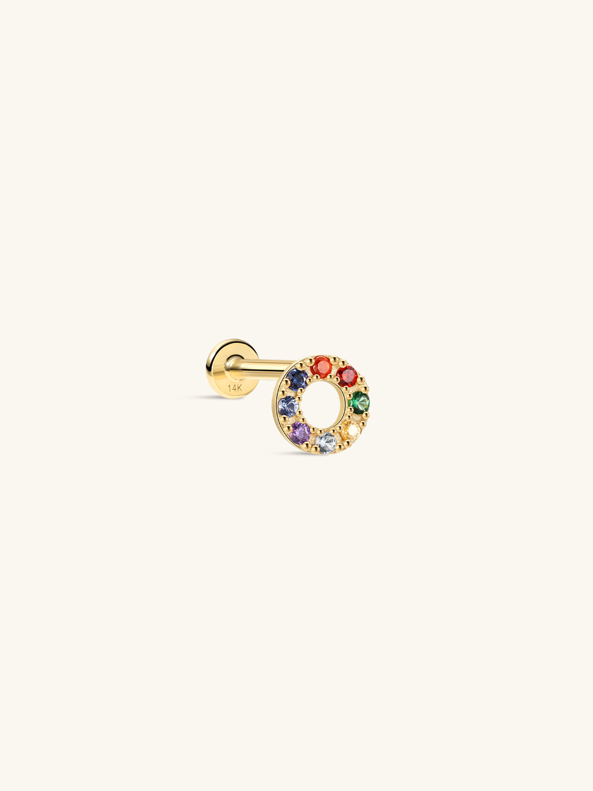 KOSINER colorful hollow openwork halo 14K solid gold flat back stud, full rainbow round cz setting internal threaded piercing earring with 14k stamped post