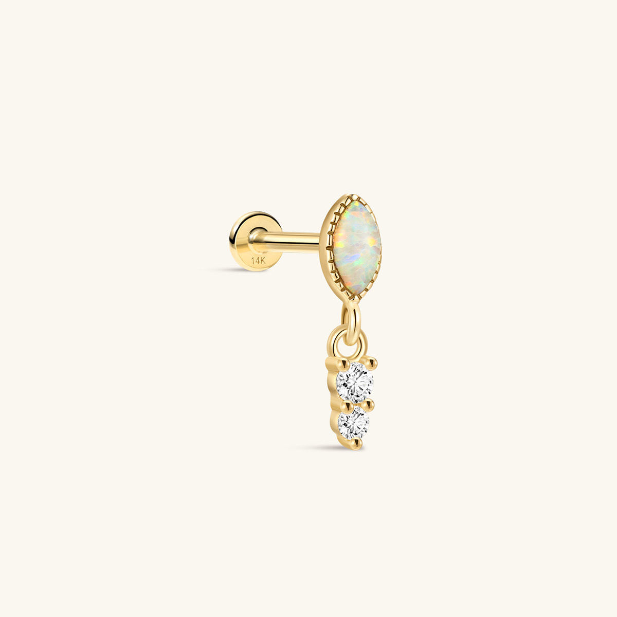 KOSINER 14K Solid Gold Dainty Marquise Opal Drop Flat Back Piercing Stud, Nickel-Free Waterproof Elegant Dangling Opal Cartilage Earring for Multi Ear Stack Piercing