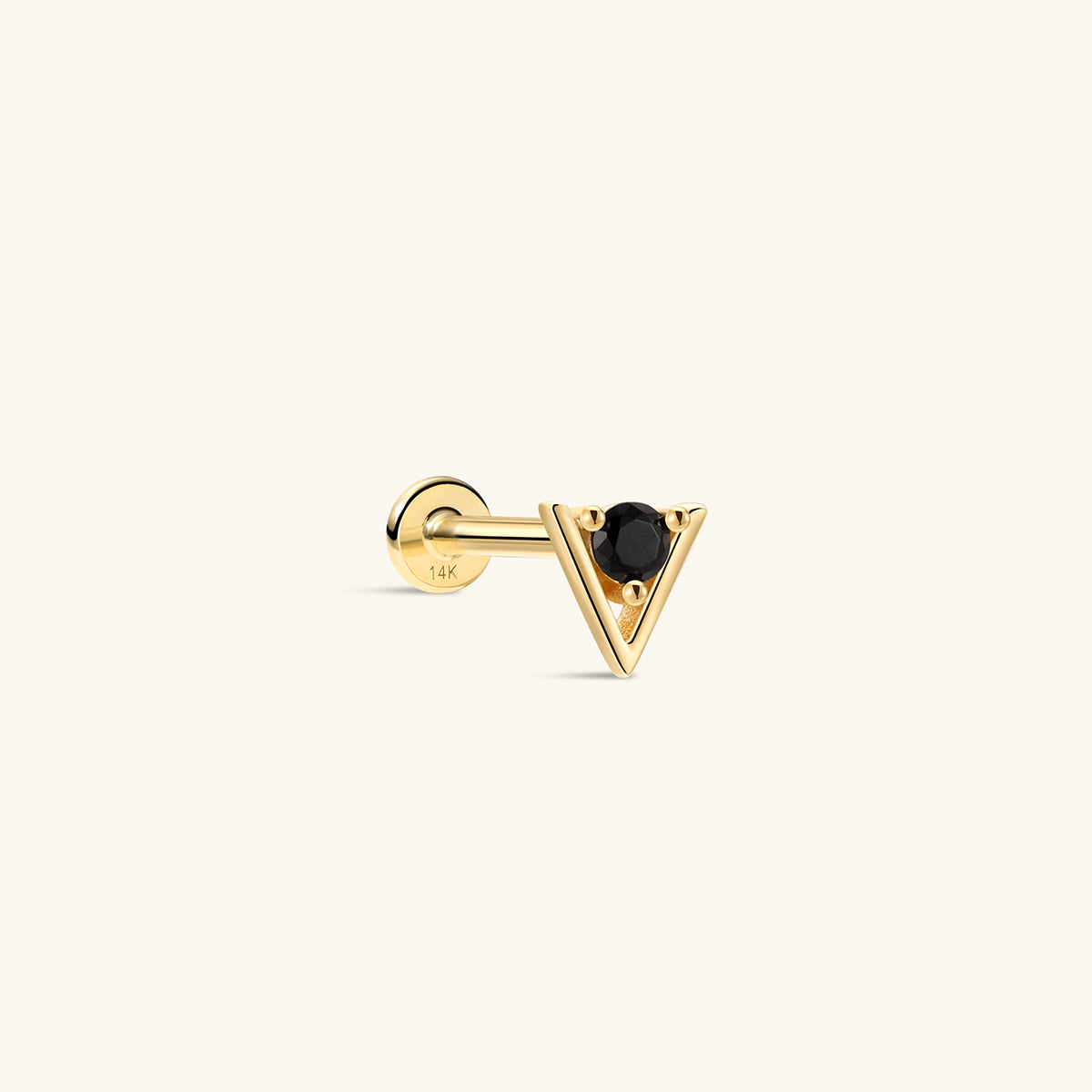 Side profile shot of KOSINER Puzzle 14K solid gold dual triangle flat back stud, internally threaded post marked 14K, prong-set rhombus shape split with top black triangle cz and bottom clear triangle cz, edgy black & white contrast geometric cartilage piercing stud