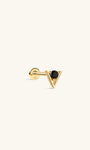 Side profile shot of KOSINER Puzzle 14K solid gold dual triangle flat back stud, internally threaded post marked 14K, prong-set rhombus shape split with top black triangle cz and bottom clear triangle cz, edgy black & white contrast geometric cartilage piercing stud