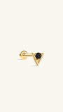 Side profile shot of KOSINER Puzzle 14K solid gold dual triangle flat back stud, internally threaded post marked 14K, prong-set rhombus shape split with top black triangle cz and bottom clear triangle cz, edgy black & white contrast geometric cartilage piercing stud
