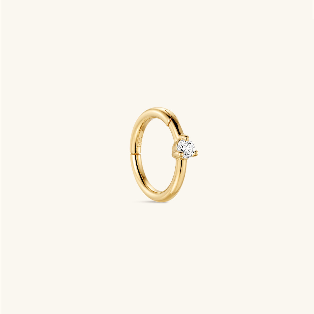 Single KOSINER 14K solid gold hinged clicker hoop earring with single prong-set lab-grown diamond accent, polished finish, isolated on plain off-white background