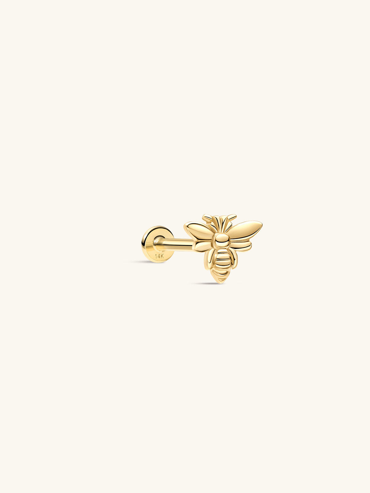KOSINER 14K Solid Gold Glossy Flying Bee Flat Back Stud, Hypoallergenic Internal Thread Helix Tragus Cartilage Piercing Earring