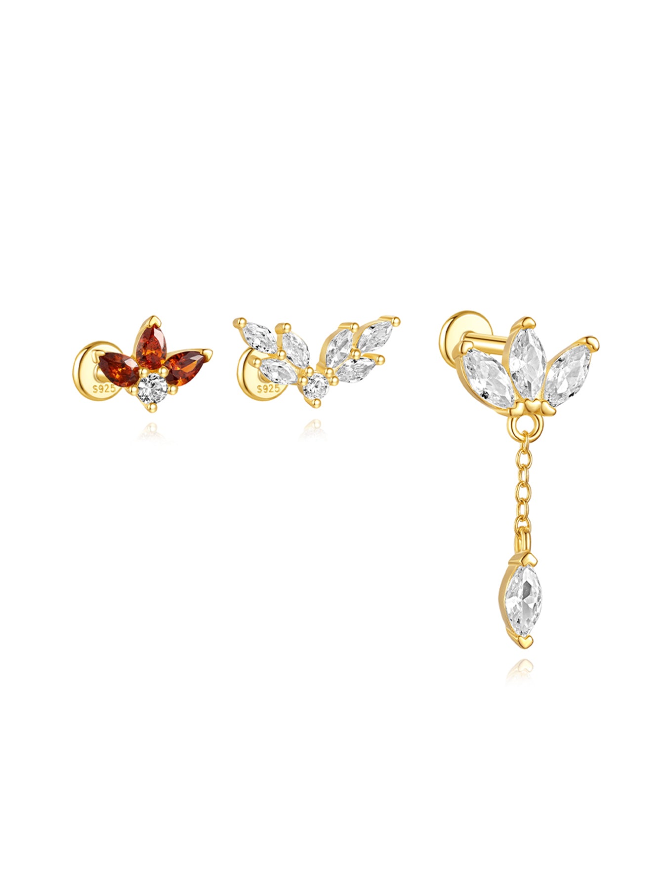 925 Sterling Silver 18K gold plated stud earrings with cubic zirconia. Features red flaming wings design and dangling chain.