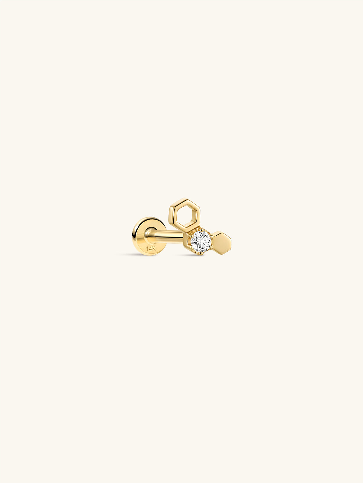 14K solid gold honeycomb flat back stud earring, round cubic zirconia geometric hexagon cartilage piercing jewelry, front close-up shot on cream neutral background