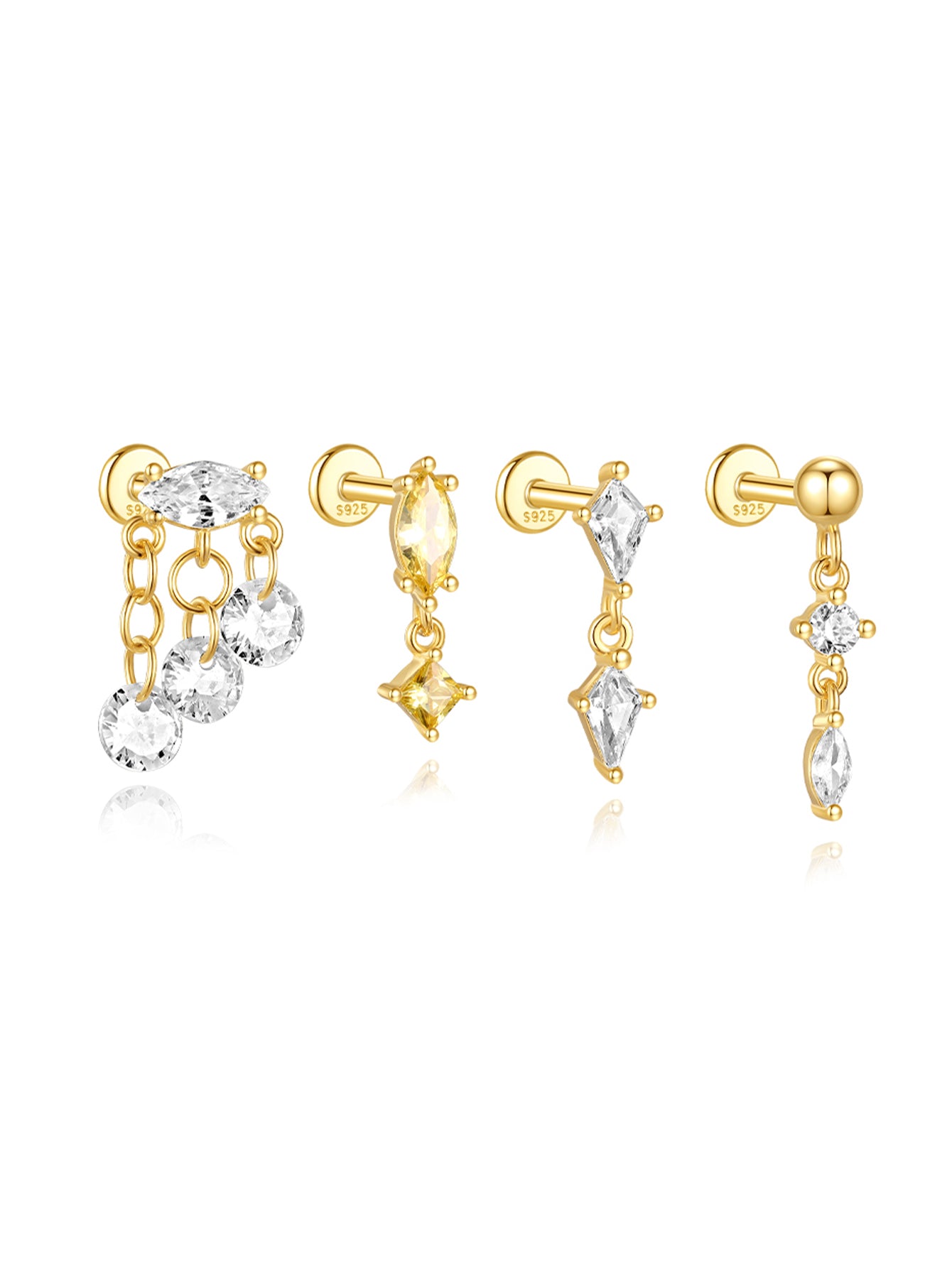 18K gold plated sterling silver earrings with CZ in marquise, square, round shapes & chain details.