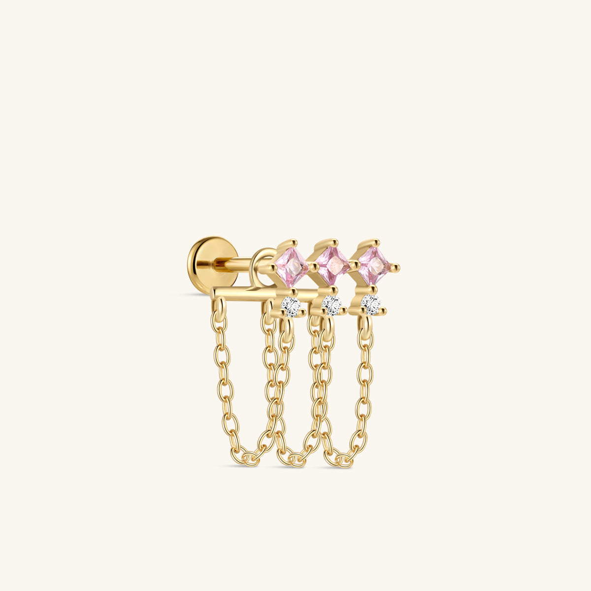 KOSINER Pink Ritual 925 sterling silver triple-chain pendant flat back stud, gold bar inlaid with three square pink gemstones and clear round crystals, matched with three delicate dangling gold chains, hypoallergenic internally threaded cartilage piercing earring