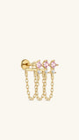 KOSINER Pink Ritual 925 sterling silver triple-chain pendant flat back stud, gold bar inlaid with three square pink gemstones and clear round crystals, matched with three delicate dangling gold chains, hypoallergenic internally threaded cartilage piercing earring