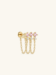 KOSINER Pink Ritual 925 sterling silver triple-chain pendant flat back stud, gold bar inlaid with three square pink gemstones and clear round crystals, matched with three delicate dangling gold chains, hypoallergenic internally threaded cartilage piercing earring