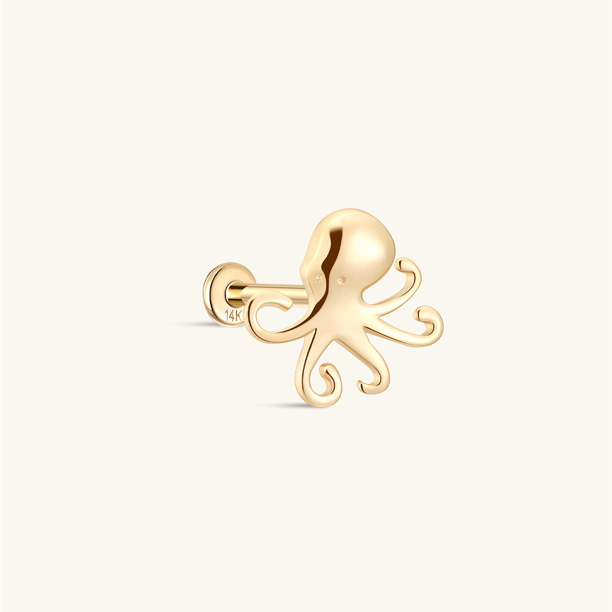 Side profile shot of KOSINER 14K solid gold octopus flat back stud, internally threaded post marked with 14K stamp, polished 3D octopus silhouette with curved tentacle detailing, cute marine animal cartilage piercing stud