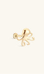 Side profile shot of KOSINER 14K solid gold octopus flat back stud, internally threaded post marked with 14K stamp, polished 3D octopus silhouette with curved tentacle detailing, cute marine animal cartilage piercing stud