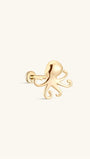 Side profile shot of KOSINER 14K solid gold octopus flat back stud, internally threaded post marked with 14K stamp, polished 3D octopus silhouette with curved tentacle detailing, cute marine animal cartilage piercing stud