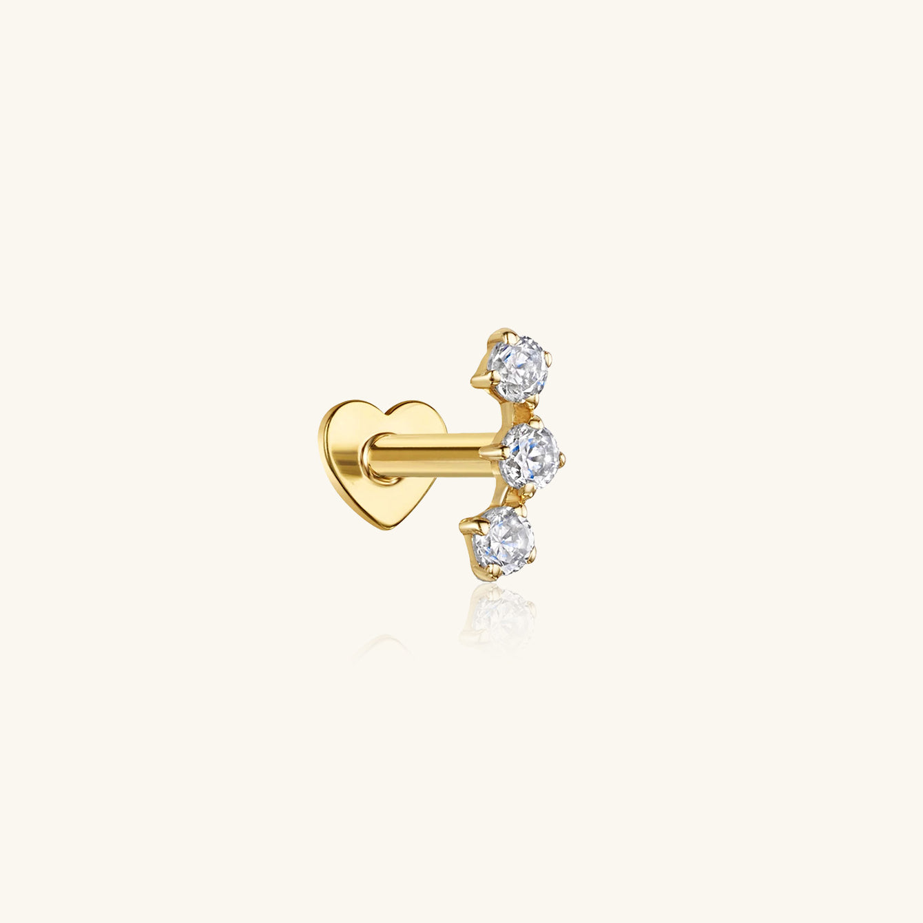 18kt gold plated sterling silver stud, three round CZ stones vertically, heart flat back.