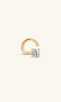 Single KOSINER 14K solid gold twist hook nose stud, four-prong set round clear stone, engraved 14K marking on curved post, isolated on plain white background