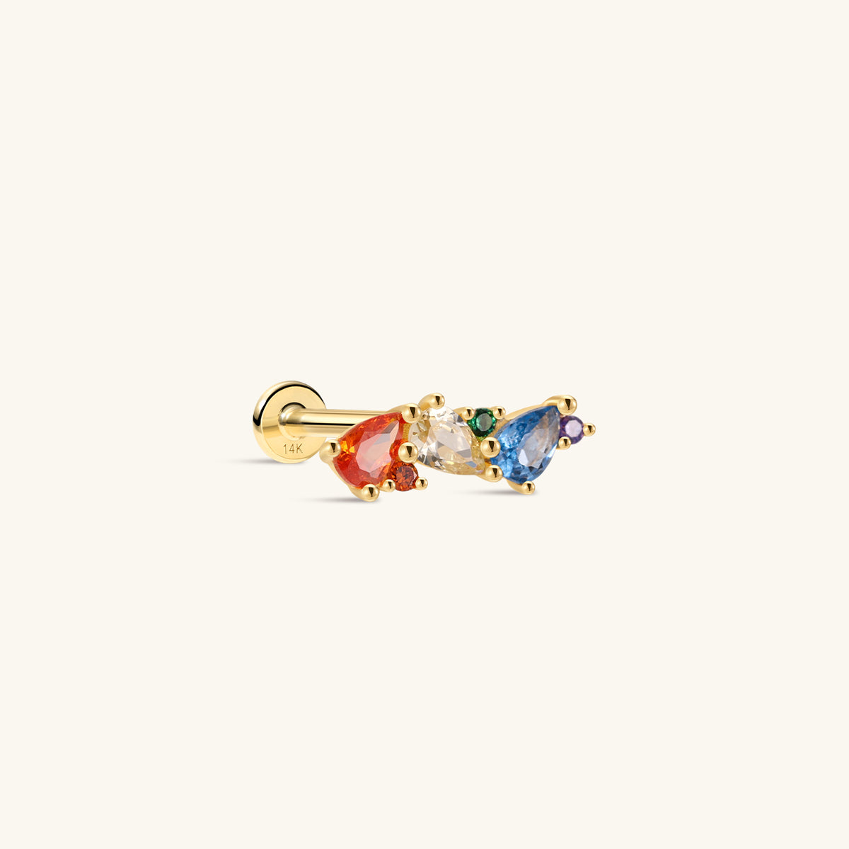 Five-color rainbow dual-shape spliced KOSINER 14K solid gold flat back stud, pear cut colored cz cluster internal thread cartilage piercing earring