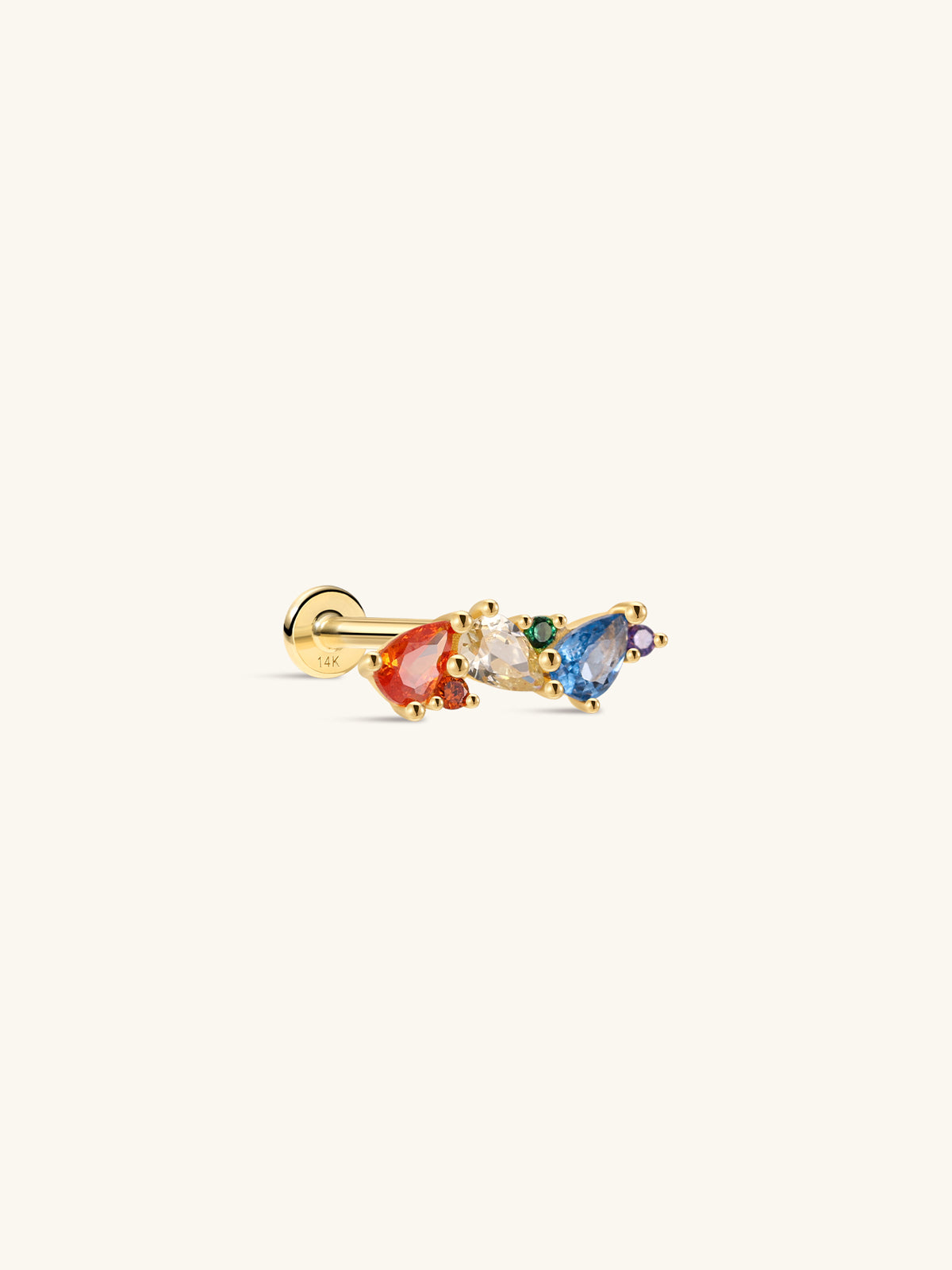 Five-color rainbow dual-shape spliced KOSINER 14K solid gold flat back stud, pear cut colored cz cluster internal thread cartilage piercing earring