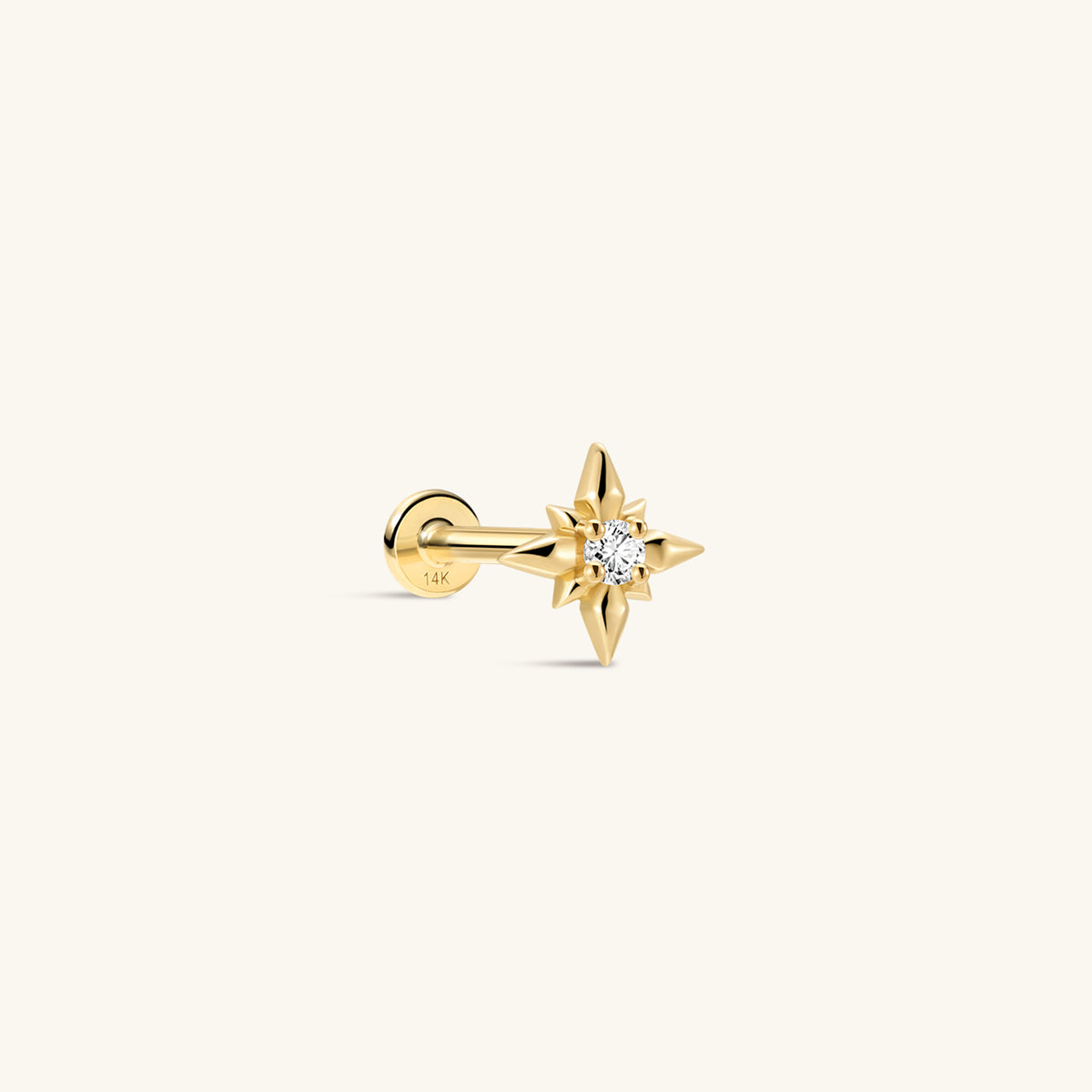 KOSINER Starlight Classic Octagonal Star Flat Back Stud side view, crafted in solid 14K gold, eight-pointed star silhouette with polished pointed rays surrounding a central round clear cubic zirconia stone, internally threaded labret post with stamped 14K marking, hypoallergenic cartilage piercing design