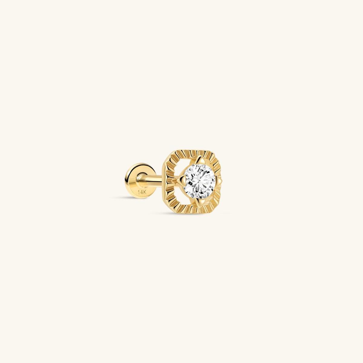KOSINER Étoile 14K Solid Gold Quadrilateral Textured Flat Back Stud, hollow rounded square silhouette with radiating textured bezel, prong-set round brilliant clear CZ, hypoallergenic internally threaded piercing earring for curated ear stacking