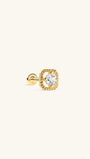 KOSINER Étoile 14K Solid Gold Quadrilateral Textured Flat Back Stud, hollow rounded square silhouette with radiating textured bezel, prong-set round brilliant clear CZ, hypoallergenic internally threaded piercing earring for curated ear stacking