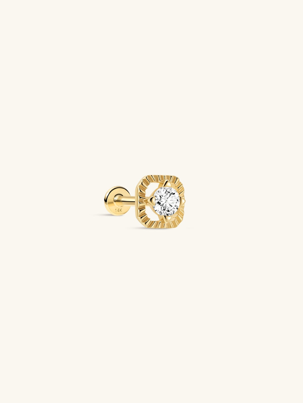 KOSINER Étoile 14K Solid Gold Quadrilateral Textured Flat Back Stud, hollow rounded square silhouette with radiating textured bezel, prong-set round brilliant clear CZ, hypoallergenic internally threaded piercing earring for curated ear stacking