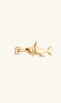 Side profile shot of KOSINER 14K solid gold shark flat back stud, internally threaded post stamped 14K, polished 3D shark silhouette with refined body detailing, playful marine animal cartilage piercing stud
