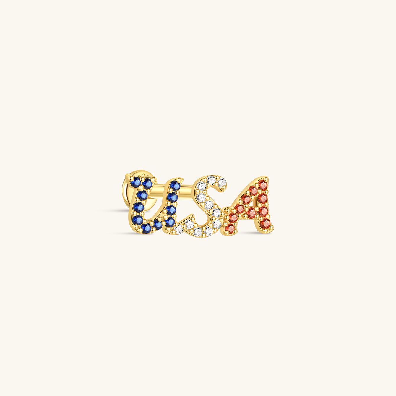 KOSINER 925 Sterling Silver Independence Day Patriotic USA Flat Back Stud, cursive USA letter design paved with blue, clear and red round crystals matching American flag colors, hypoallergenic internally threaded cartilage piercing earring for 4th of July holiday