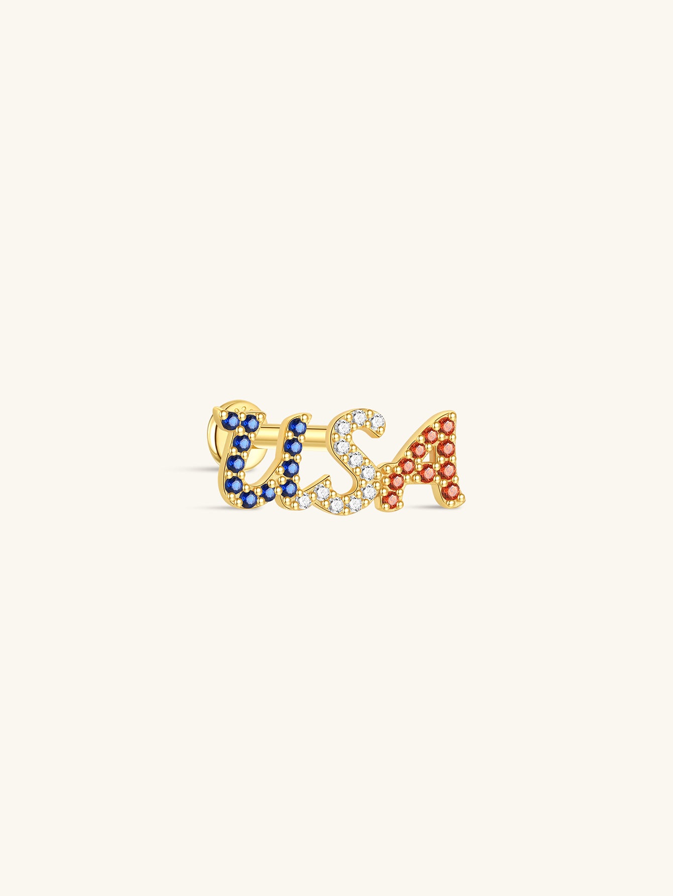KOSINER 925 Sterling Silver Independence Day Patriotic USA Flat Back Stud, cursive USA letter design paved with blue, clear and red round crystals matching American flag colors, hypoallergenic internally threaded cartilage piercing earring for 4th of July holiday