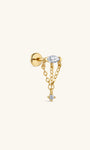 14K solid gold tassel dangle flat back stud, multi‑chain tassel with marquise & round CZ dangling labret piercing earring on cream neutral background
