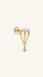 14K solid gold tassel dangle flat back stud, multi‑chain tassel with marquise & round CZ dangling labret piercing earring on cream neutral background