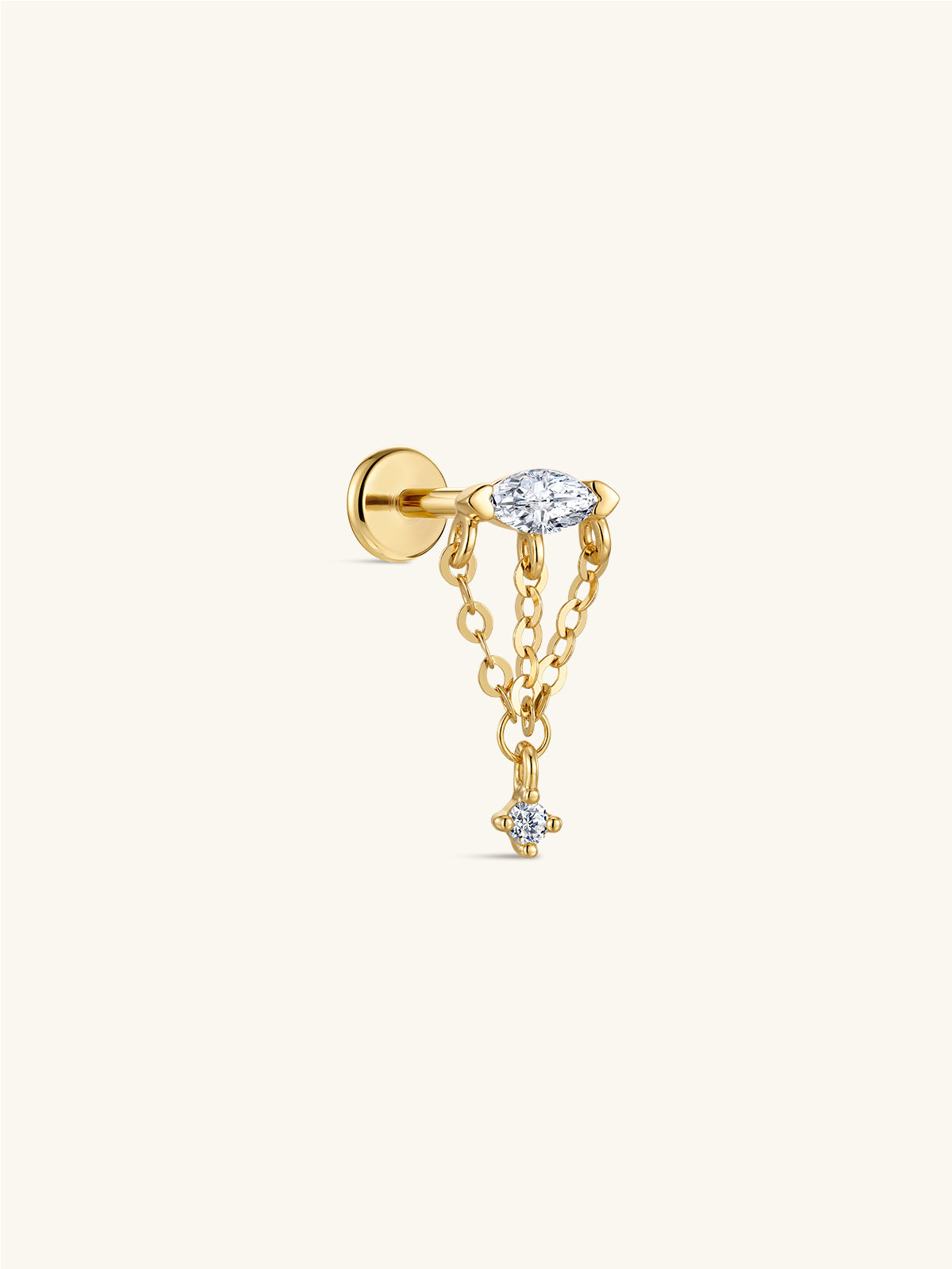 14K solid gold tassel dangle flat back stud, multi‑chain tassel with marquise & round CZ dangling labret piercing earring on cream neutral background