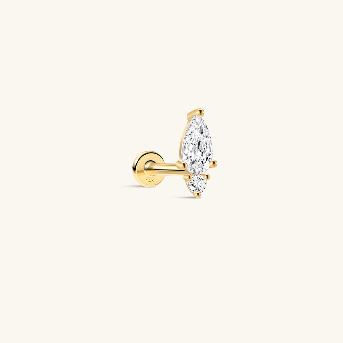 KOSINER 14K Solid Gold Minimalist Two Stone Pear Cut Flat Back Piercing Stud, Nickel-Free Waterproof Dainty Elegant Cartilage Earring for Multi Piercing