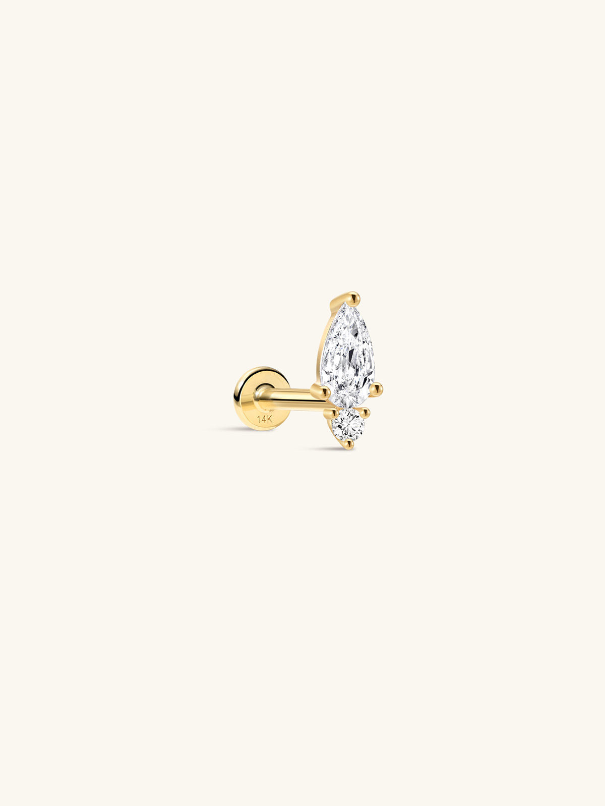 KOSINER 14K Solid Gold Minimalist Two Stone Pear Cut Flat Back Piercing Stud, Nickel-Free Waterproof Dainty Elegant Cartilage Earring for Multi Piercing